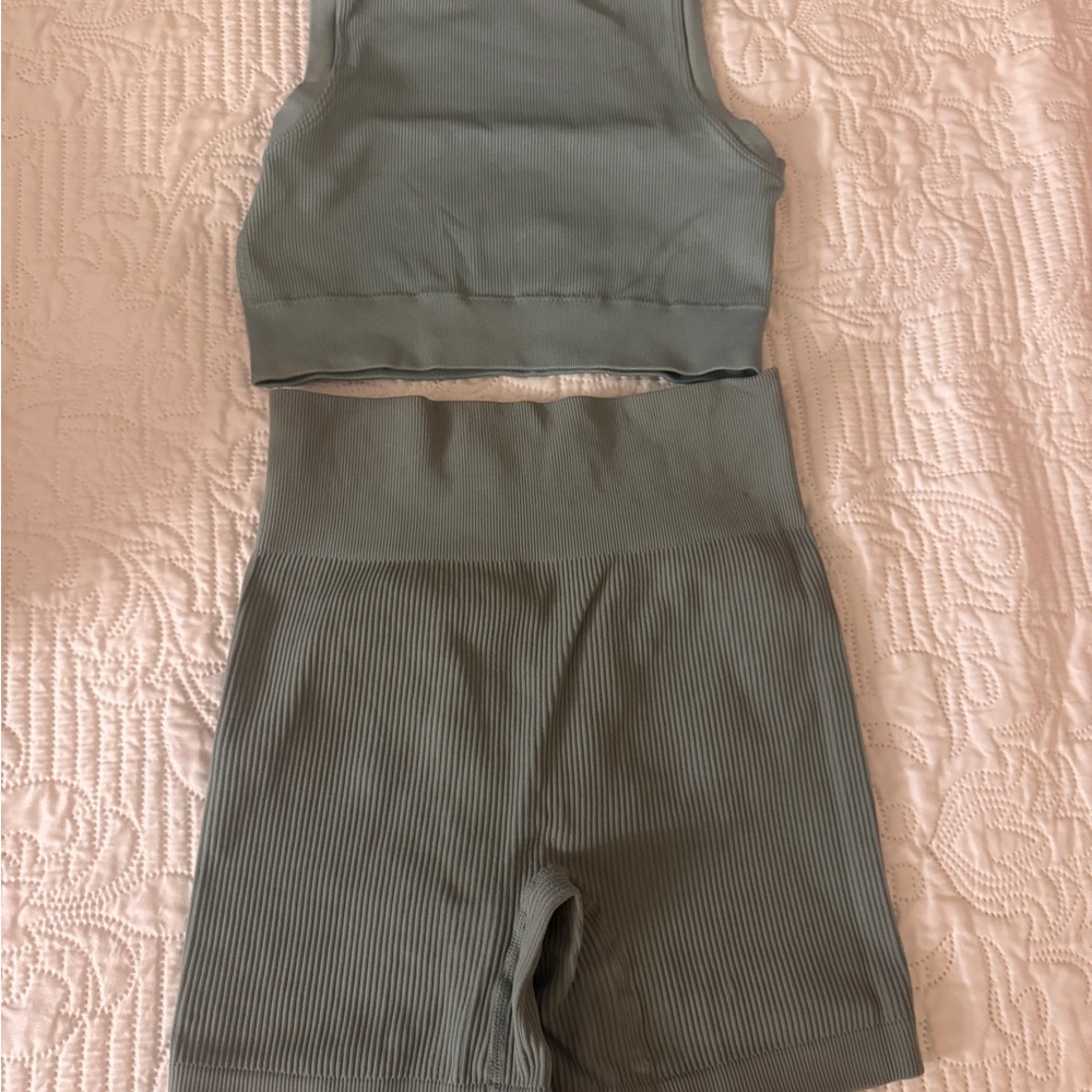 Sage Green Ribbed Tank and Shorts Set